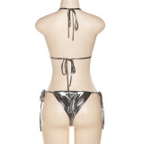 Kadın Yaz Halter Boyun Bağcıklı Seksi Backless Yansıtıcı Bikini İki Parçalı Set