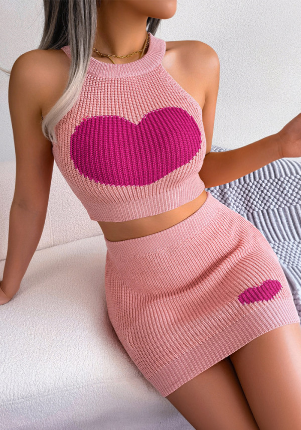 Women Casual Heart Print Contrasting Crop Top and Bodycon Skirt Two-Piece Set
