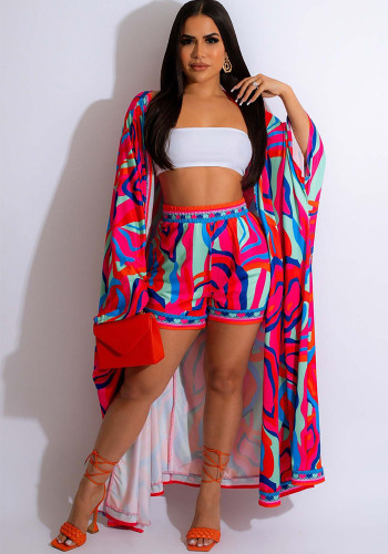 Women Printed Long Sleeve Robe and Short Two-Piece Set
