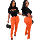 Women Letter Short Sleeve Top and Stacked Pant Two-Piece Set