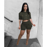 Women Button Pocket Solid Crop Top and Shorts Two-Piece Set