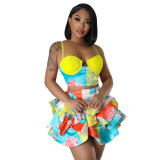 Women Sexy Print Sequin Strapless Crop Top and Skirt Two-Piece Set