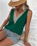 Women Summer Solid chiffon loose v-neck lace sleeveless Top