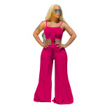 Women Casual Summer Solid Crop Top And Wide Leg Pants Two-Piece Set