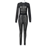 Women Sexy See-Through Round Neck Long Sleeve Top and Pants Two-Piece Set
