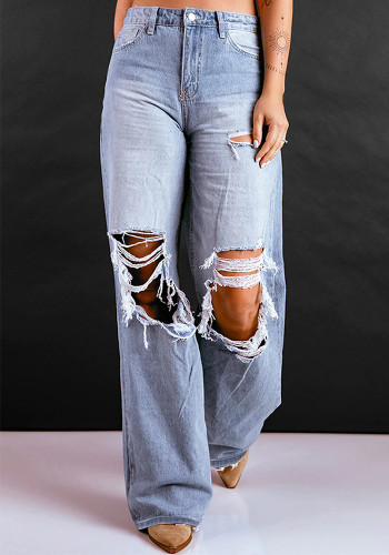 Pantalon en jean large à jambe large et déchiré pour femmes