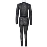 Women Sexy See-Through Round Neck Long Sleeve Top and Pants Two-Piece Set