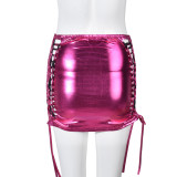 Women Pu-Leather Tassel Stretch Cutout Lace-Up Skirt