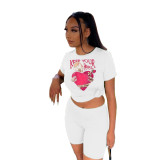 Women Short Sleeve Round Neck Printed T-Shirt And Shorts Two-Piece Set