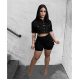 Women Button Pocket Solid Crop Top and Shorts Two-Piece Set