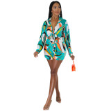 Women Printed Lace-Up Long Sleeve Shirt and Shorts Holidays Two-Piece Set