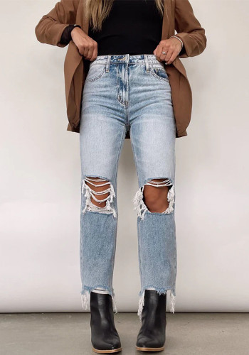 Женские винтажные рваные прямые джинсовые брюки с высокой талией