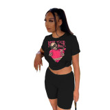 Women Short Sleeve Round Neck Printed T-Shirt And Shorts Two-Piece Set