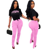 Women Letter Short Sleeve Top and Stacked Pant Two-Piece Set