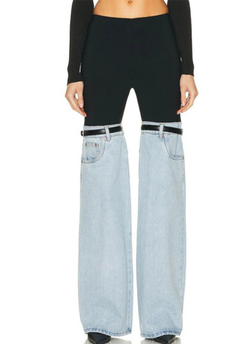 Women Fashion Block Patchwork Denim Straight Leg Pant