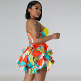 Women Sexy Print Sequin Strapless Crop Top and Skirt Two-Piece Set