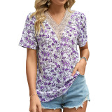Women Summer Lace Patchwork V-Neck Chiffon Print Loose Short Sleeve Top