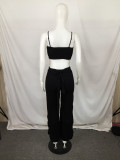 Women Casual Summer Solid Crop Top And Wide Leg Pants Two-Piece Set