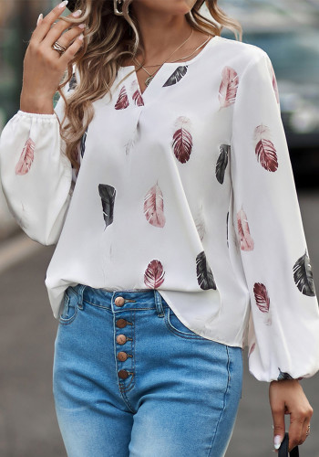 T-shirt da donna a maniche lunghe con stampa di piume con scollo a V da donna autunno e inverno