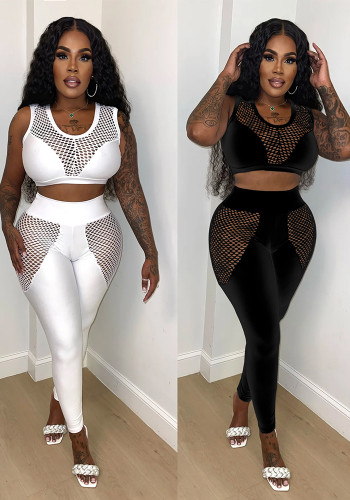 Hollow Mesh Hole See-Through Sexy Suit Mesh Patchwork Vest Trousers Two-piece Set