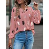 Autumn and winter women's v-neck feather print long-sleeved loose t-shirt women's tops