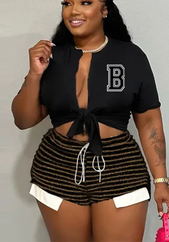 Striped Drawstring High Waist Shorts Sexy Fashion Casual Patchwork Plus Size Pants