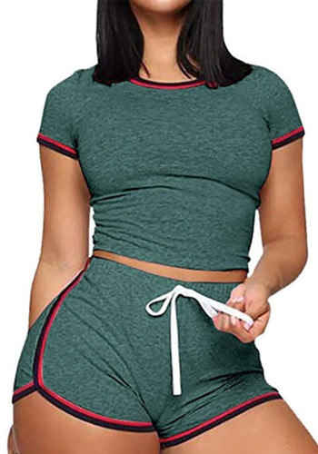 Women's Summer Plus Size Pure Color Cotton Pull Frame Patchwork Short Sleeve Casual Pants Set