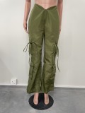 Women's Zip Lace-Up Solid Green Casual Trousers