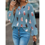 Autumn and winter women's v-neck feather print long-sleeved loose t-shirt women's tops