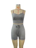 Casual Women's Solid Color Strapless Patchwork Crop Sexy Lace-Up Track Short Set