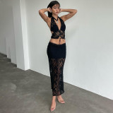 Sexy Deep V Necklace See-Through Halter Neck Top Summer Slim Cropped Lace-Up Tank Top