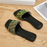 Plus Size Soft Sole Slippers Women Summer Outdoor Wear Flat Sequined Flip Flop Square Toe Flat Sandals and Slippers