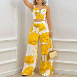 Summer Suit Trendy Print Crop Straps Camisole Tank Top High Waist Wide Leg Pants Two Piece Set