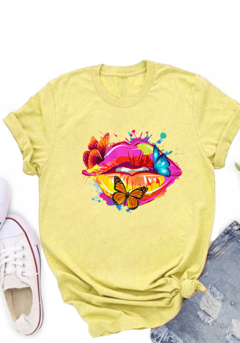 Mode-Kurzarm-T-Shirt mit mehrfarbigem Schmetterlingsmund-Print