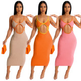 Women'S Solid Color Hollow Knitting Contrasting Color Straps Dress