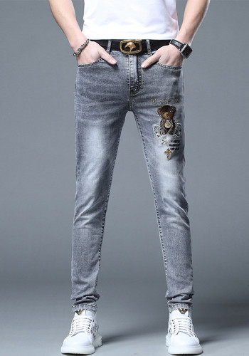 Jeansbroek met geborduurde kralen voor heren, zomerstretch slim-fit jeansbroek