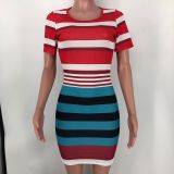 Moda Kadın Çizgili Renk Eşleşen İnce Vücut Bodycon Elbise