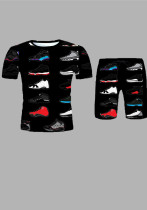 Moda Baskı Erkek Yaz Sporları Günlük Yuvarlak Yaka Gevşek Kısa Kollu T-Shirt Şort İki Parçalı Set