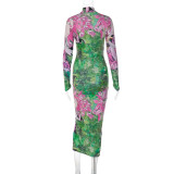 Women'S Spring Printed Mid Length Dress High Neck Long Sleeves Fashion Dress For Women