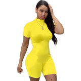 Women'S Sexy Nightclub Wear Solid Color Short Sleeve Zipper Mock Neck Fashion Sports Gym Jumpsuit