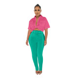 Moda Kadın Gömlek Pantolon Takım Elbise Kemer Kontrast Renk İki Parça Set