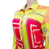 Ladies' Fashion Colorblock Turndown Collar Long Sleeve Shirt Shorts Two Piece Set