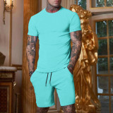 Summer Men'S Solid Color Short-Sleeved T-Shirt Shorts Sports Two Piece Suit