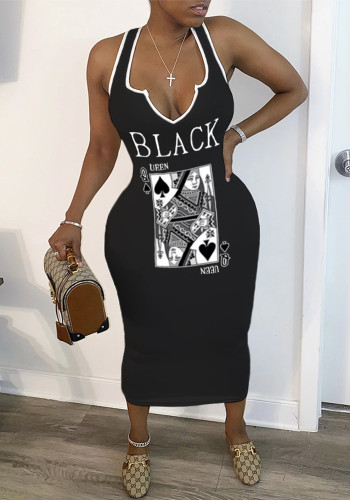 Damen Plus Size Sexy Fashion Nightclub Sleeveless Poker Print Kleid