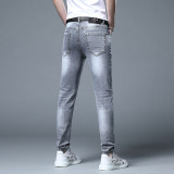 Embroidery Beaded Denim Pants Men'S Summer Stretch Slim-Fit Jeans Trousers