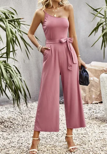 Slash Shoulder Belted Jumpsuit Women'S Spring Summer Chic Career Solid Color One Shoulder One Piece Wide Leg Pants