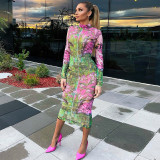 Women'S Spring Printed Mid Length Dress High Neck Long Sleeves Fashion Dress For Women