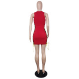 Color Block Sleeveless Lace-Up Zip Front Summer Bodycon Dress