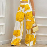 Summer Suit Trendy Print Crop Straps Camisole Tank Top High Waist Wide Leg Pants Two Piece Set