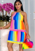 Rainbow Stripe Fashion Straps Vestido casual Color Block Patchwork Vestido sexy para mujer
